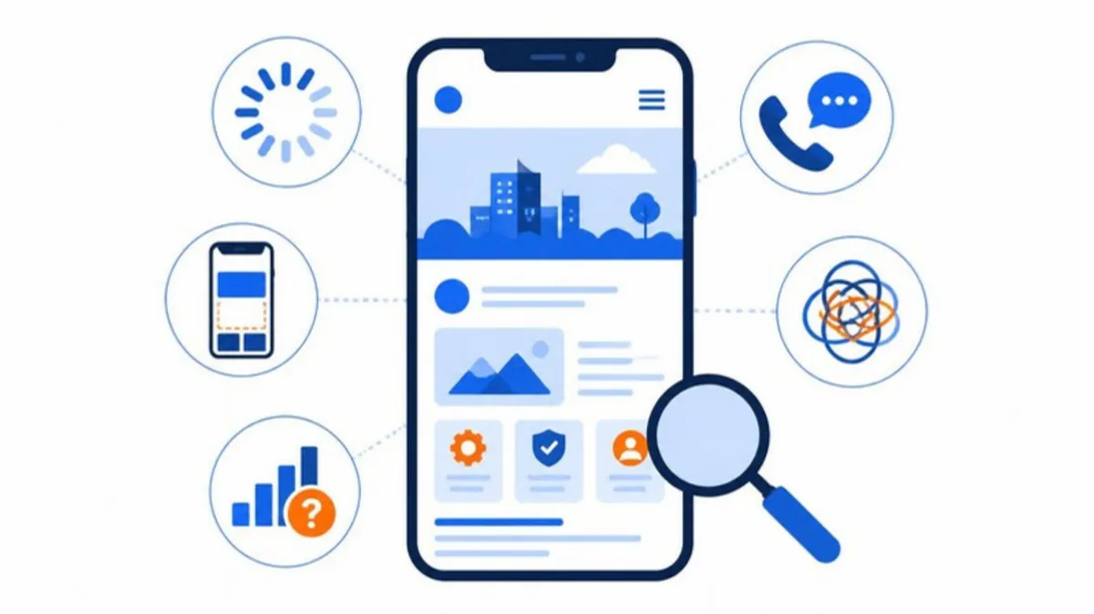 Minh hoạ 5 điểm cần kiểm tra trên website: tốc độ, hotline, menu, giao diện di động và đo lường