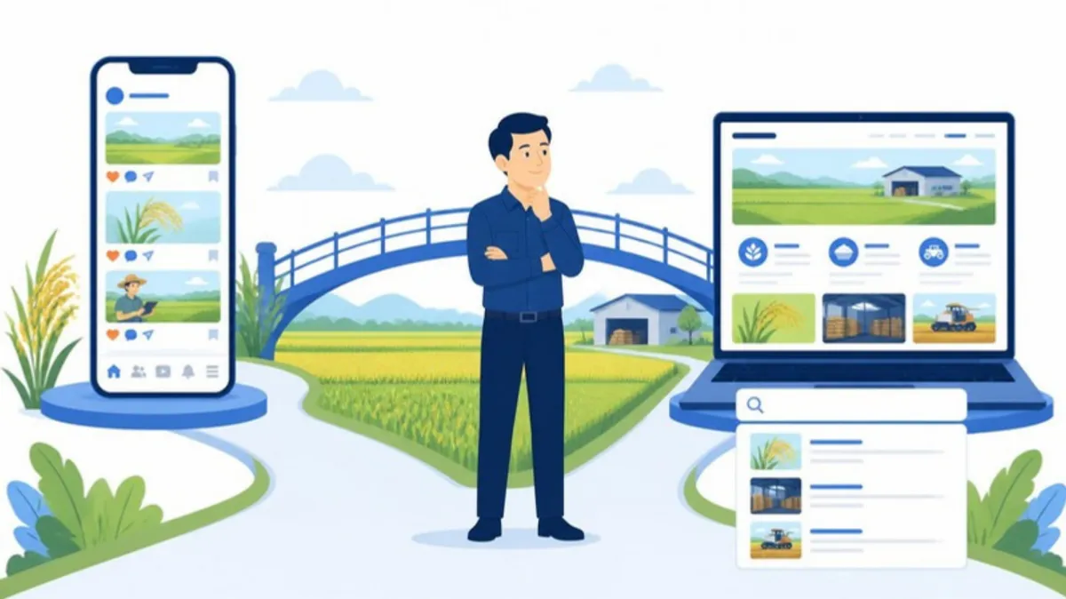 Minh hoạ HTX kết hợp Fanpage và website riêng để tiếp cận khách hàng