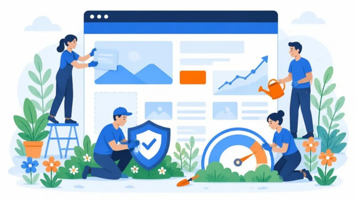 Minh hoạ đội ngũ quản trị website định kỳ: cập nhật nội dung, bảo mật, theo dõi số liệu và tốc độ
