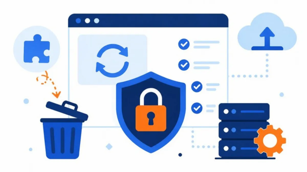 Minh hoạ checklist bảo trì WordPress: cập nhật, gỡ plugin thừa, sao lưu và bảo mật